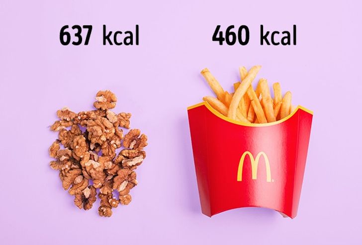 1 poignée de noix (100 g) = 1 barquette de frites