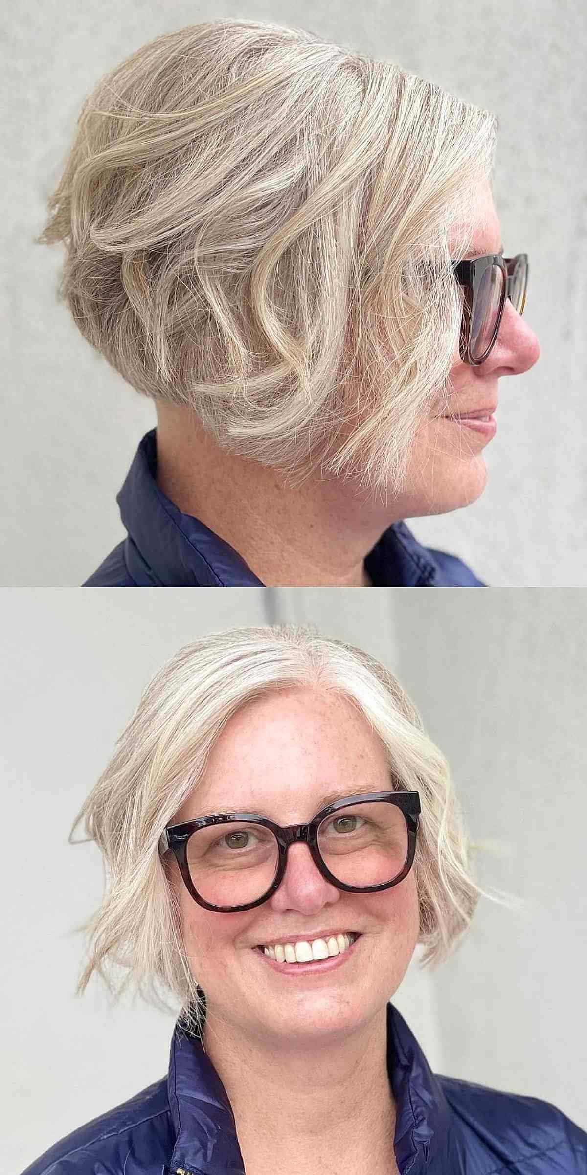 Coupe trapèze au-dessus des épaules sur cheveux ondulés pour les femmes de plus de 60 ans