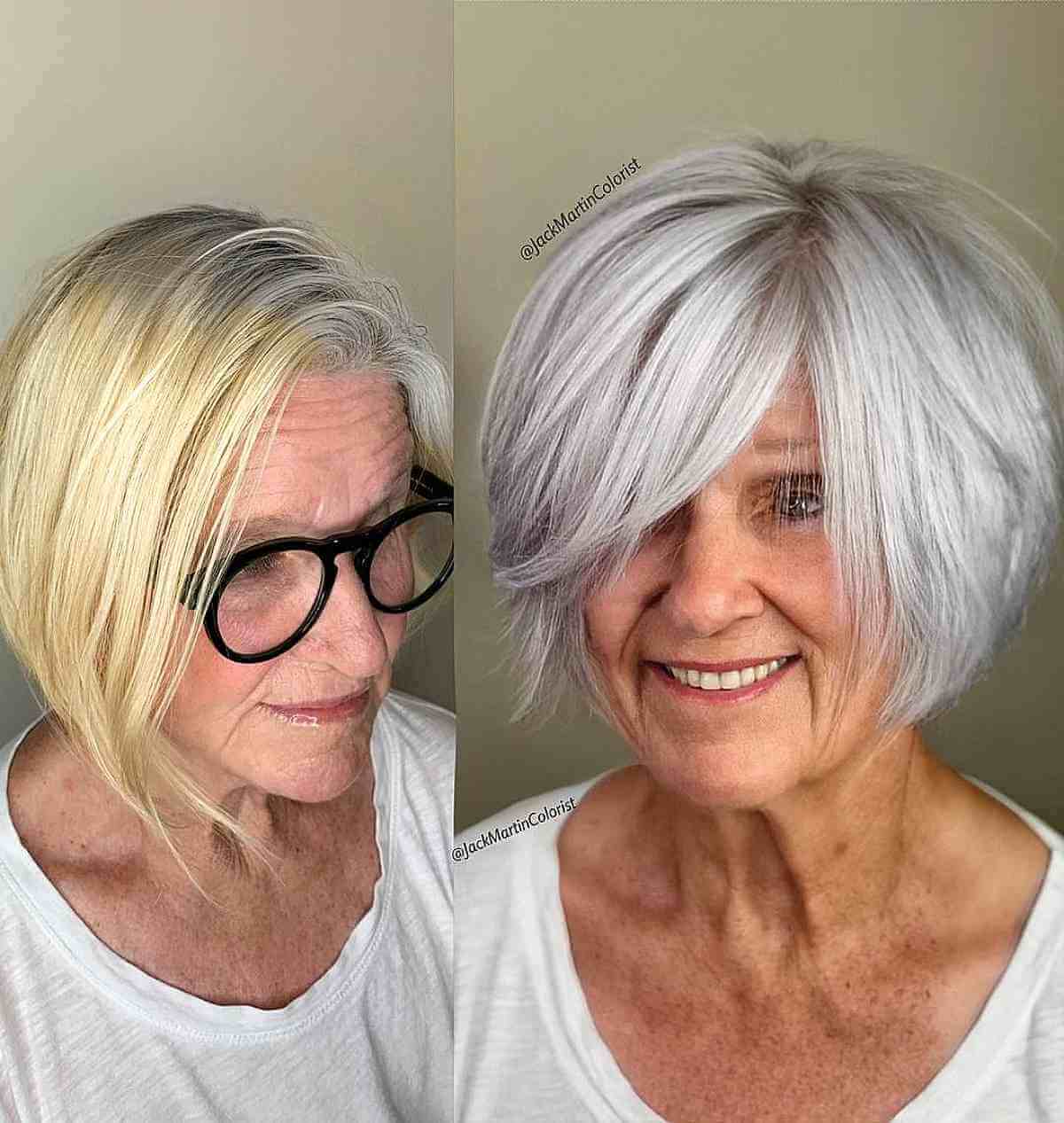 Cheveux argentés moelleux avec une longue frange pour les femmes de plus de soixante-dix ans