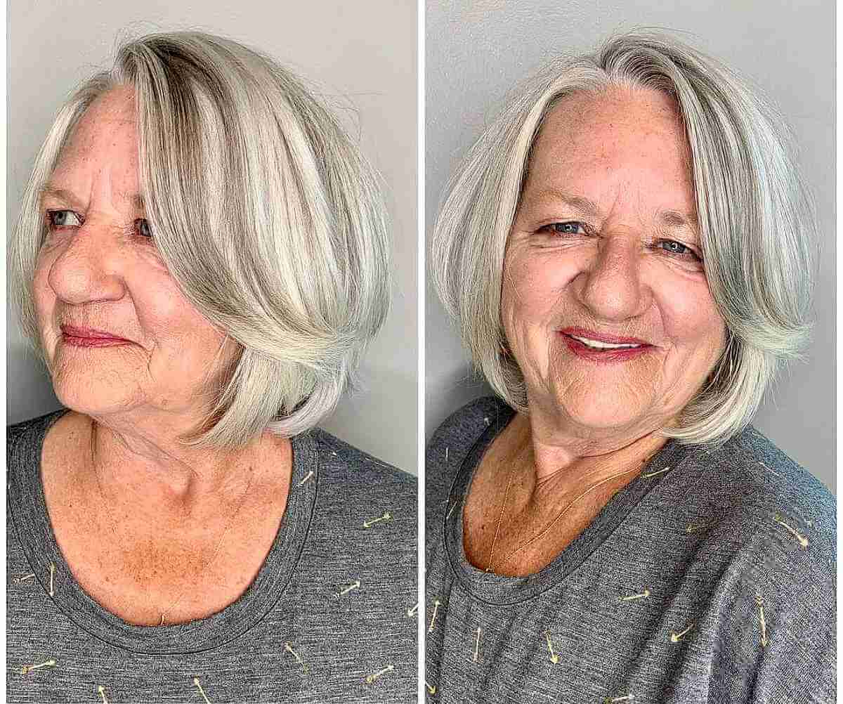 Pretty Long Bob pour les femmes de plus de 60 ans aux cheveux grisonnants