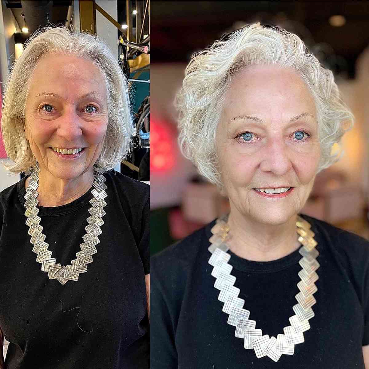 Bob coupe courte au rasoir pour cheveux bouclés pour les femmes de plus de 70 ans
