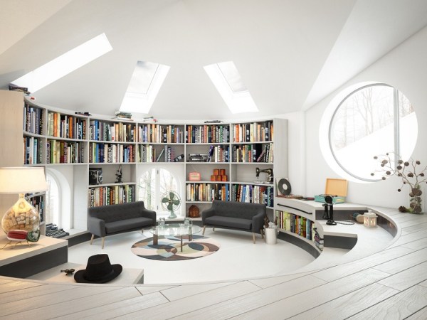 Loft Design d'intérieur avec coin lecture et bibliothèque