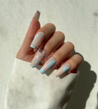 bleu turquoise abstrait tourbillonne lignes conception minimale des ongles