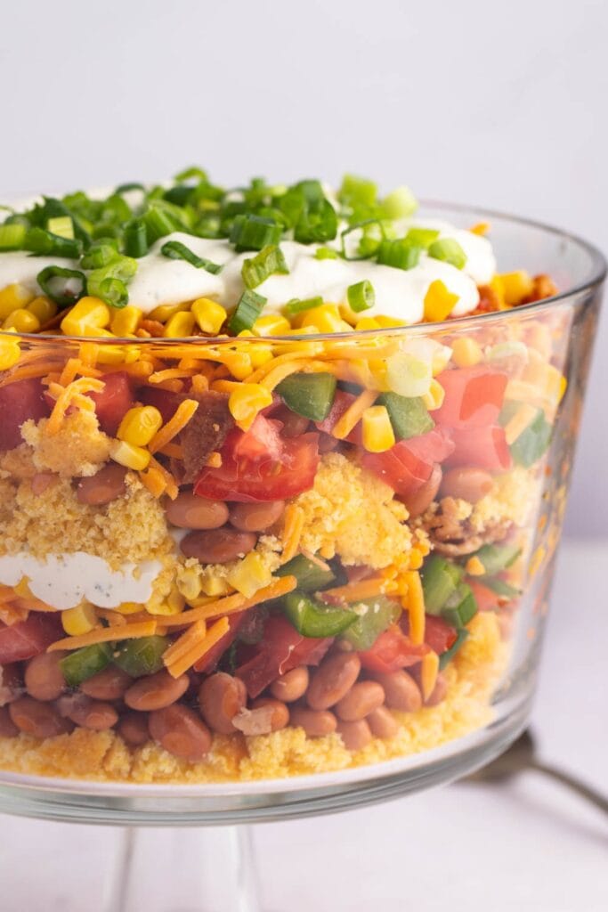 Cornbread Salad with Tomatoes, Cheese, Bacon, and Green Onions