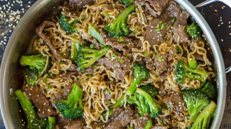 Beef Broccoli Broccoli Florets brown sugar Flank Steak Garlic Ginger Hoisin Sauce Noodles Onion Oyster Sauce Ramen Red Bell Pepper. sauce Sesame Oil Sirloin Soy Sauce Stir Fry Vegetable Oil Water 