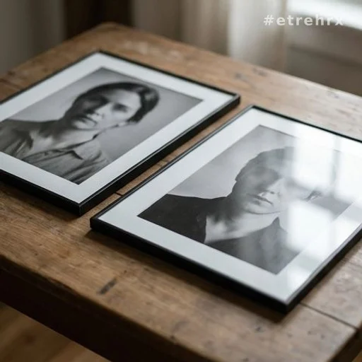 Deux portraits photographiques côte à côte sur une table en bois
