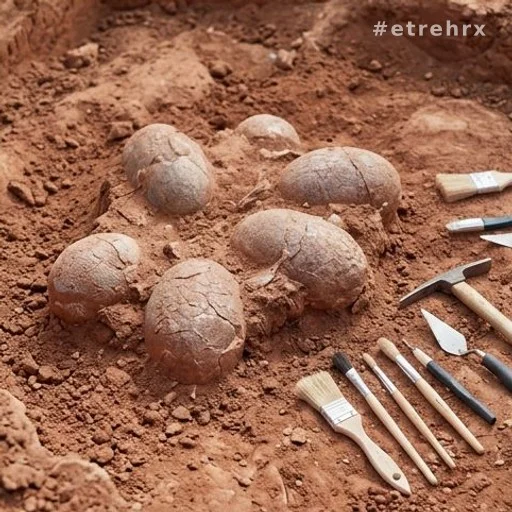 Œufs de dinosaures fossilisés partiellement dégagés dans une argile rouge lors d'une fouille