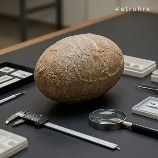 Œuf fossilisé de Titanosaure avec texture de coquille visible sur table d'examen scientifique