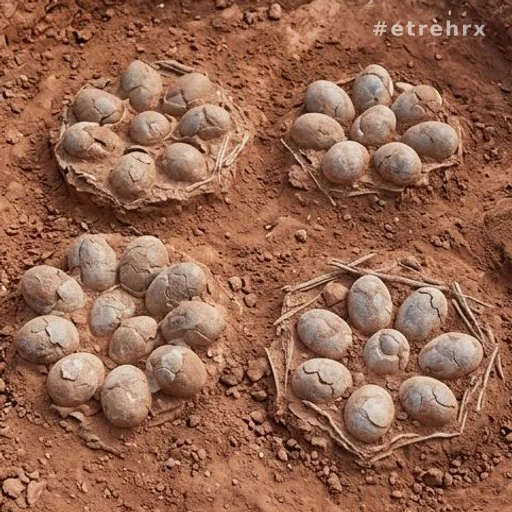 Nids d'œufs de dinosaures fossilisés en groupe dans une argile rouge, site de ponte collectif