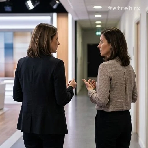 Deux femmes vues de dos dans un couloir de studio télévisé, évoquant une prise de parole publique