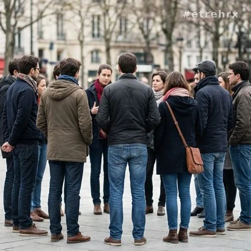 Groupe de personnes anonymes de dos en discussion, illustrant le débat public autour de l'affaire Bruel