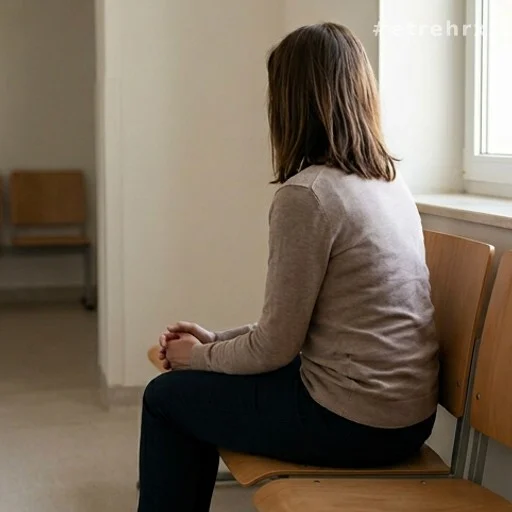Femme de dos attendant des nouvelles dans une salle d'attente, symbole d'attente familiale
