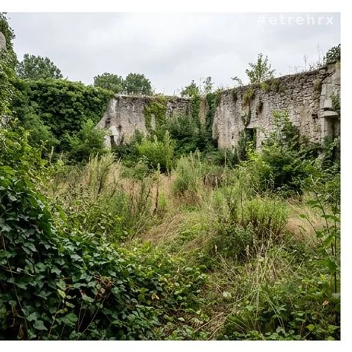 Jardin envahi par les mauvaises herbes du château de Bity, laissé à l'abandon depuis 1995