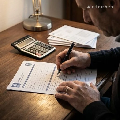 Mains remplissant un formulaire de prestation CAF avec calculatrice
