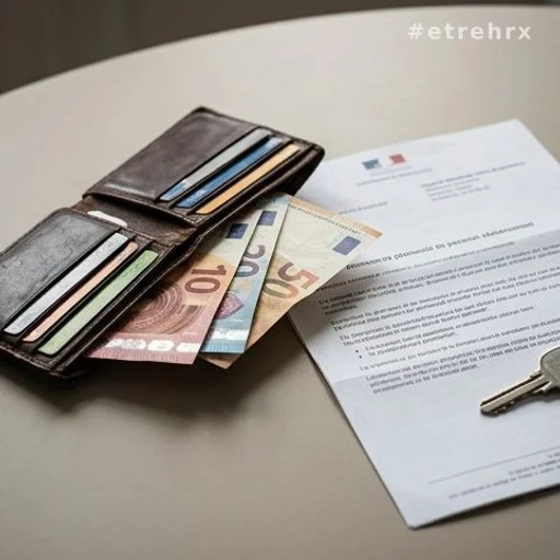 Portefeuille avec billets euros et document lié à la retraite sur une table