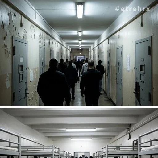 Couloir surpeuplé d'une prison française avec portes de cellules alignées