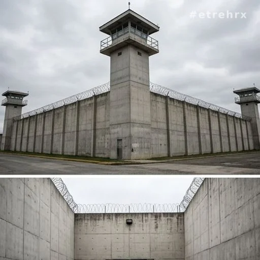 Façade extérieure du centre de détention CECOT au Salvador avec miradors