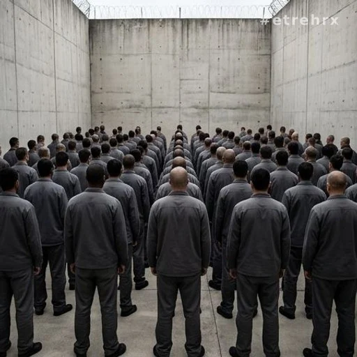Groupe de détenus en uniforme vus de dos dans une cour de prison surpeuplée