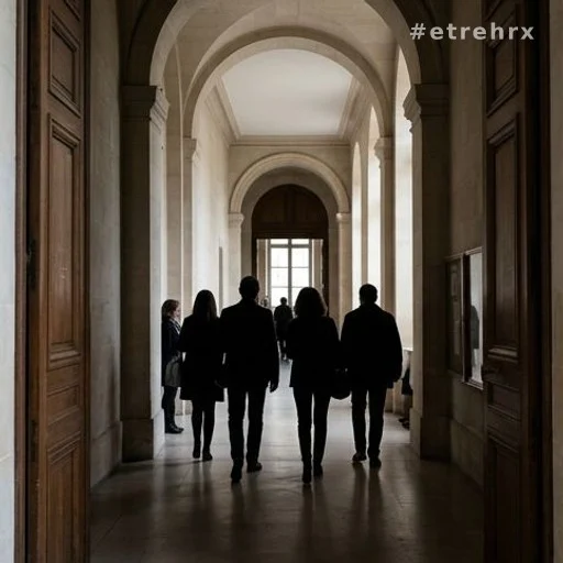 Couloir de tribunal avec silhouettes anonymes, contexte judiciaire
