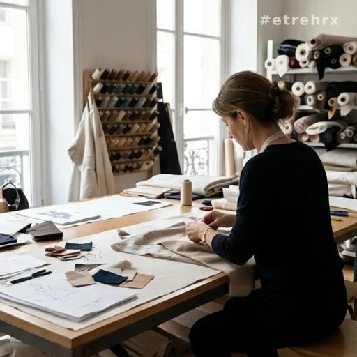 Créatrice de mode de dos dans un atelier parisien avec des tissus