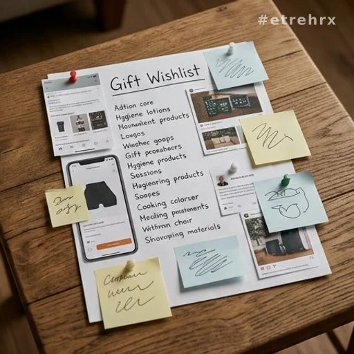 Liste de cadeaux détaillée avec captures d'écran et notes manuscrites