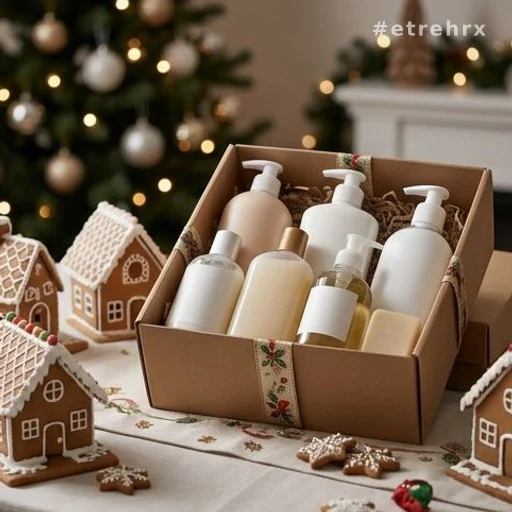 Boîte de produits d'hygiène avec ruban et maisons en pain d'épices à Noël
