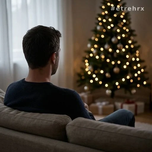 Personne seule de dos sur un canapé dans un salon décoré pour Noël