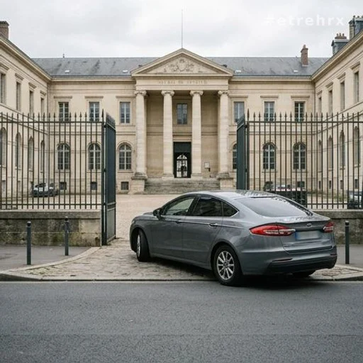 Voiture banalisée grise entrant dans l'enceinte d'un palais de justice