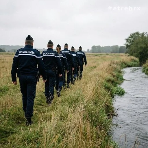 Gendarmes en ligne ratissant un champ lors de recherches de disparition