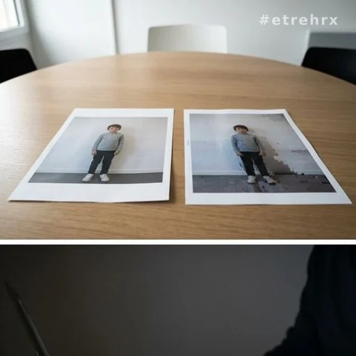 Deux versions d'une photo imprimée illustrant une modification par intelligence artificielle
