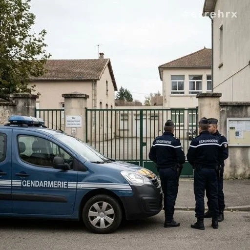 Véhicule de gendarmerie stationné près d'un collège lors d'une enquête pour enlèvement