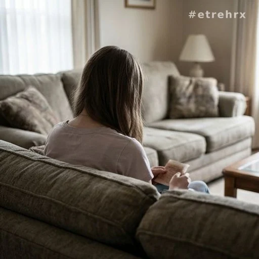 Adolescente de dos assise dans un salon, symbolisant le témoignage d'une victime présumée