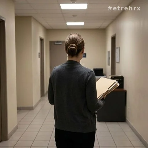 Femme de dos dans un couloir de commissariat tenant des documents, procédure judiciaire