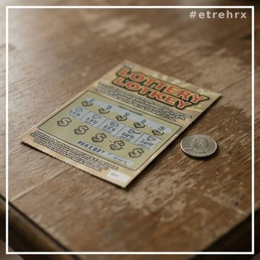 Ticket à gratter partiellement gratté posé sur une table en bois