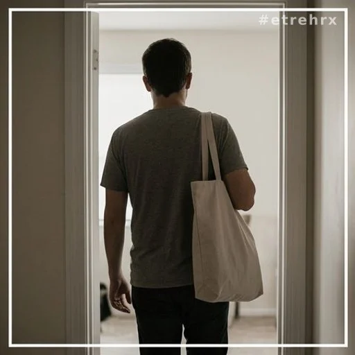 Silhouette de dos d'une personne quittant un domicile avec un bagage