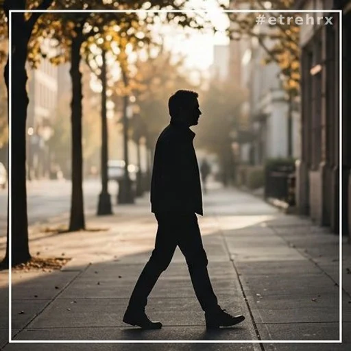 Silhouette d'une personne marchant lentement sans téléphone, illustrant la lenteur comme pratique de bien-être