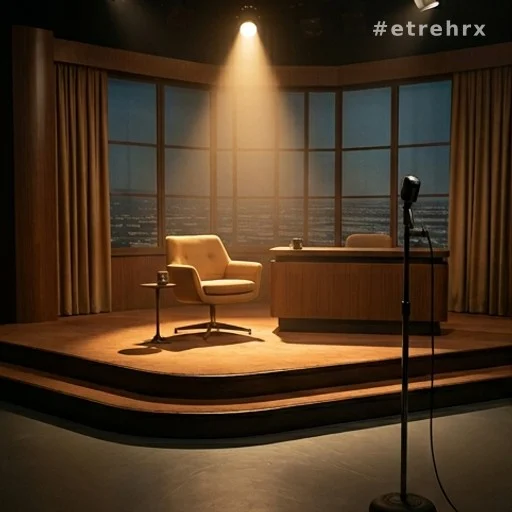 Plateau de talk-show télévisé des années 1960 avec chaise d'animateur et micro