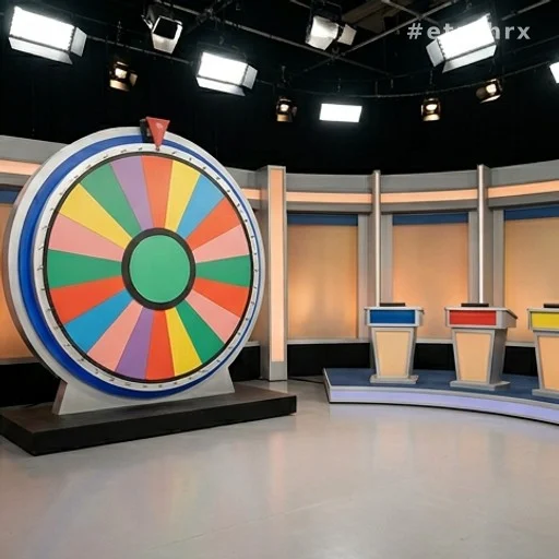 Grande roue colorée d'un jeu télévisé sous les projecteurs d'un studio
