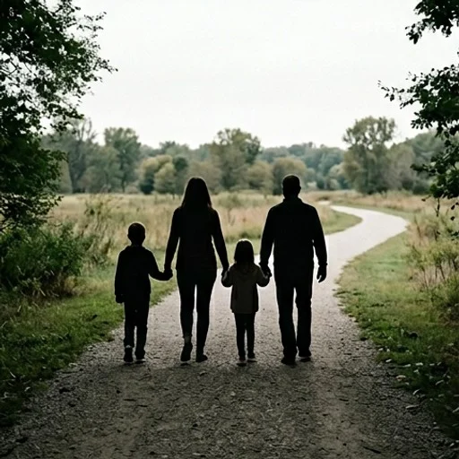 Silhouettes d'un entourage familial marchant à l'écart des regards