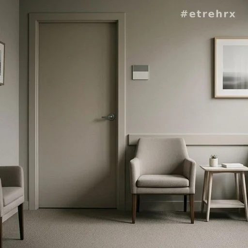 Salle d'attente d'un cabinet de psychologue avec porte fermée