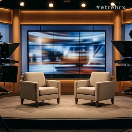Plateau de talk-show télévisé avec deux fauteuils sous les projecteurs