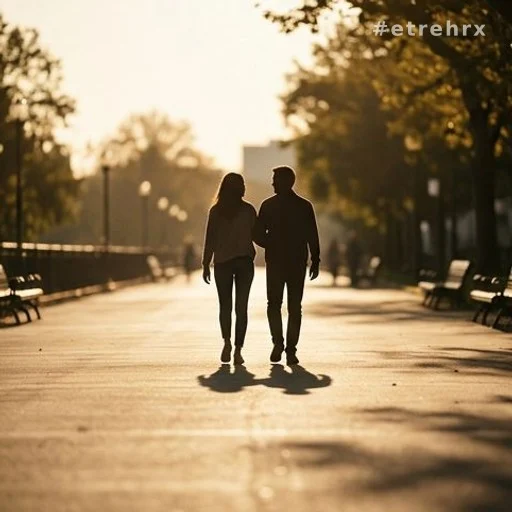 Deux silhouettes côte à côte sur une promenade ensoleillée, relation apaisée