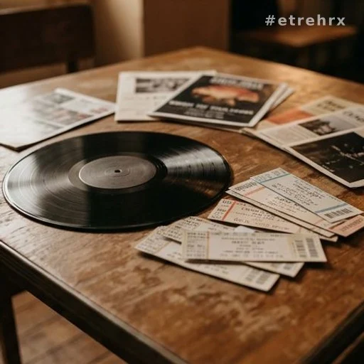 Disque vinyle et billets de concert évoquant la carrière de Patrick Bruel