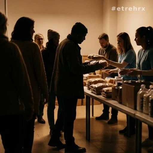 Bénévoles distribuant des repas dans un centre des Restos du cœur