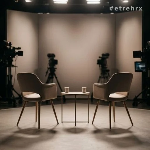 Plateau de télévision vide évoquant l'émission France 2 avec Patrick Bruel