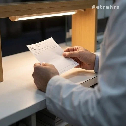 Mains d'un pharmacien tenant une ordonnance médicale au comptoir