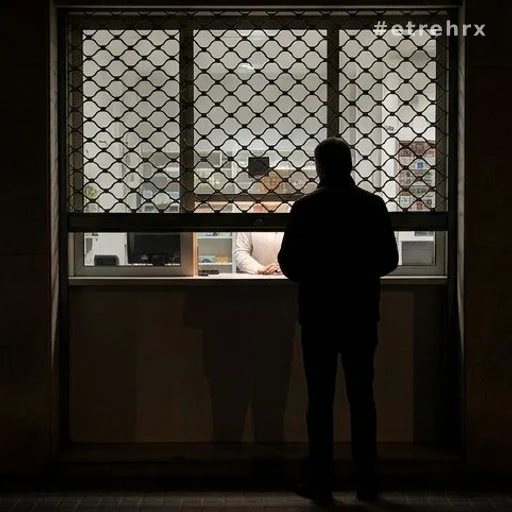 Guichet sécurisé d'une pharmacie de garde avec silhouette de client