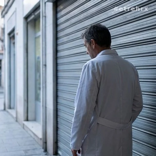Pharmacien en blouse blanche de dos devant une officine fermée à l'aube