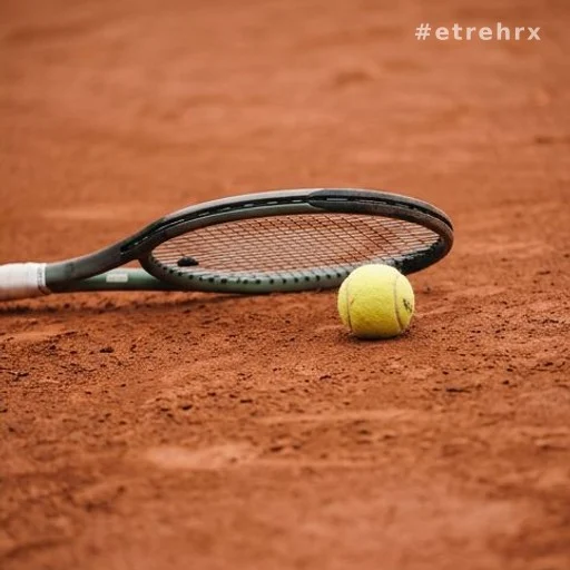 Raquette de tennis et balle sur la terre battue rouge de Roland-Garros