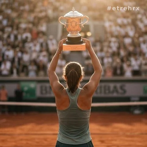 Joueuse de tennis de dos tenant le trophée de Roland-Garros 2026